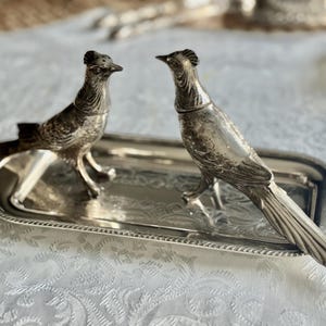 May include: A pair of silver-colored bird-shaped salt and pepper shakers on a matching rectangular tray. The birds are detailed with textured feathers and stand facing each other. The tray has a decorative border.
