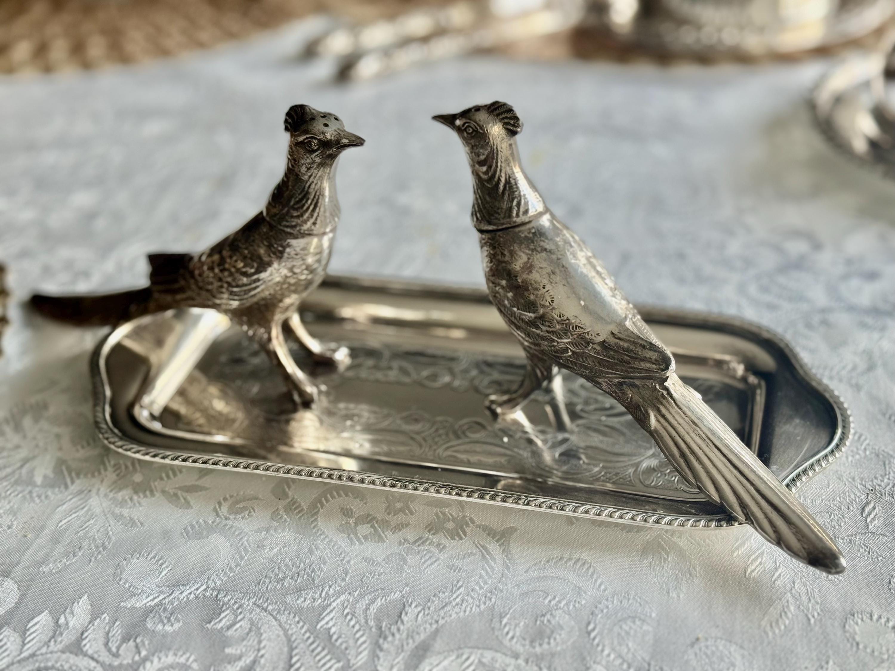 Exceptional & Rare Vintage Silverplate Pheasant Shakers — A Stunning Sculptural Pair — Silver Decor