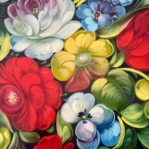 May include: Close-up of a floral painting featuring vibrant red, yellow, blue, and white flowers with green leaves against a dark background. The flowers are painted with detailed brushstrokes, creating a textured appearance.