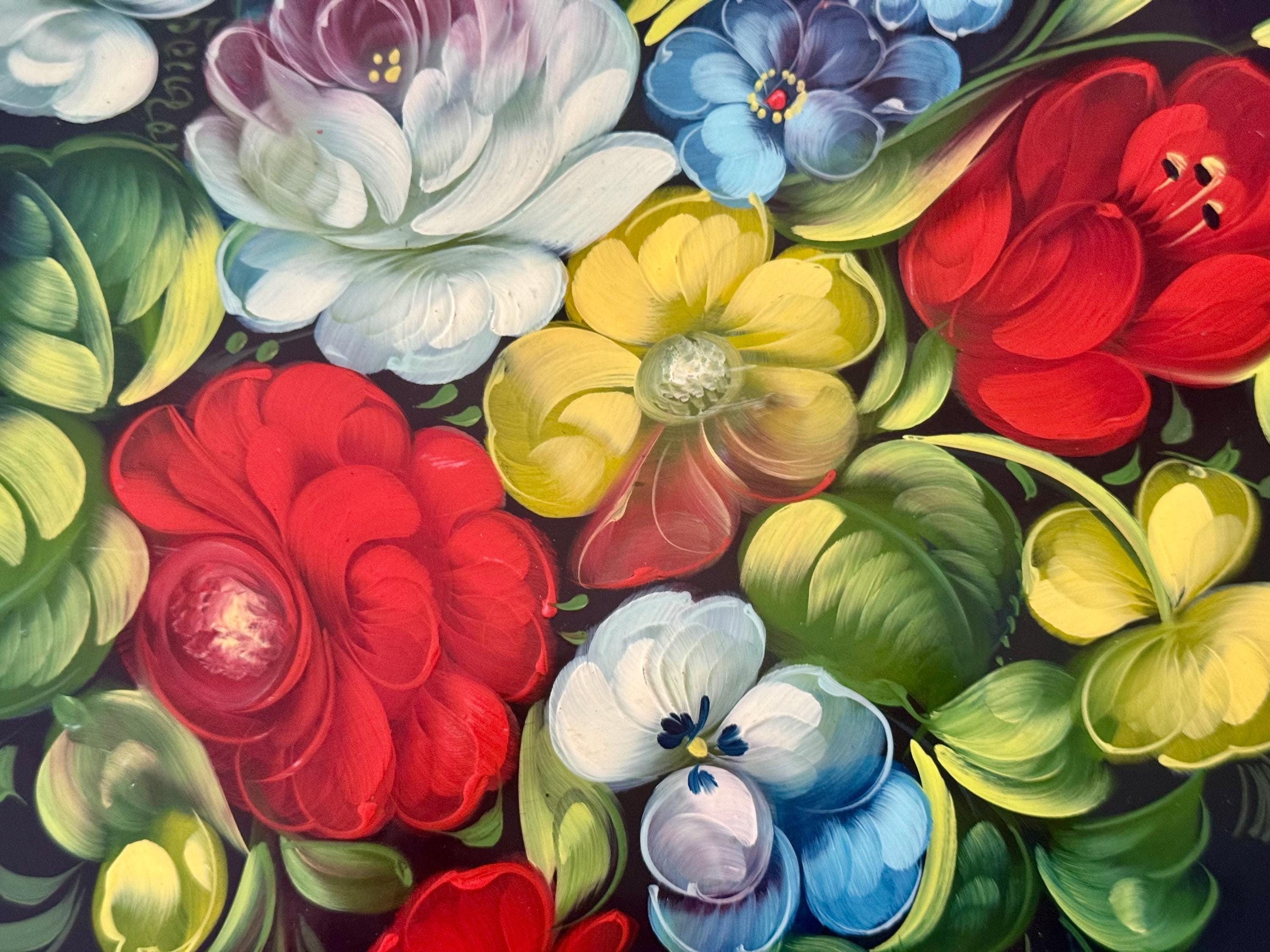 Vintage Soviet Hand-Painted Floral Tray – Zhostovo Style – Black Lacquer Metal – USSR Folk Art