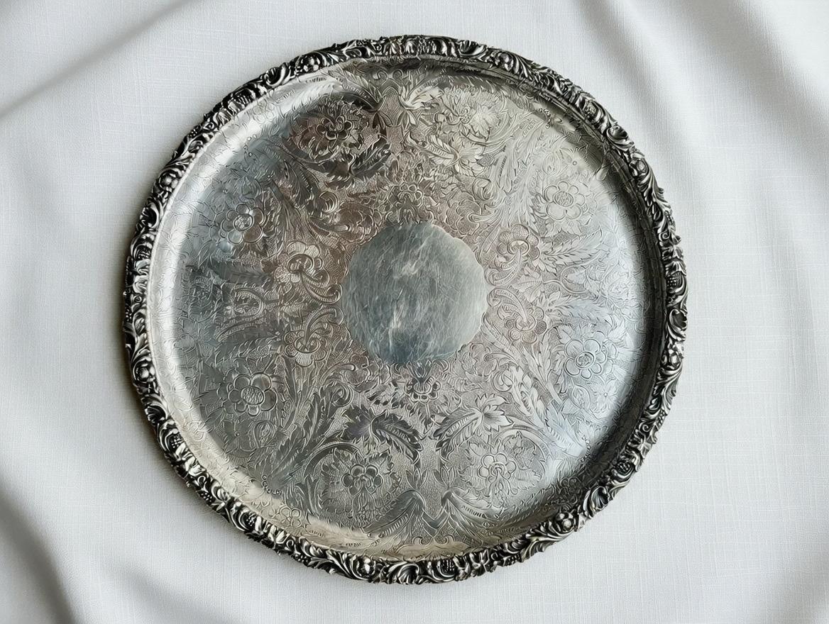 Antique Sheffield Silverplate Round Serving Tray – 11.5″ – Barker Ellis (c.1912+)