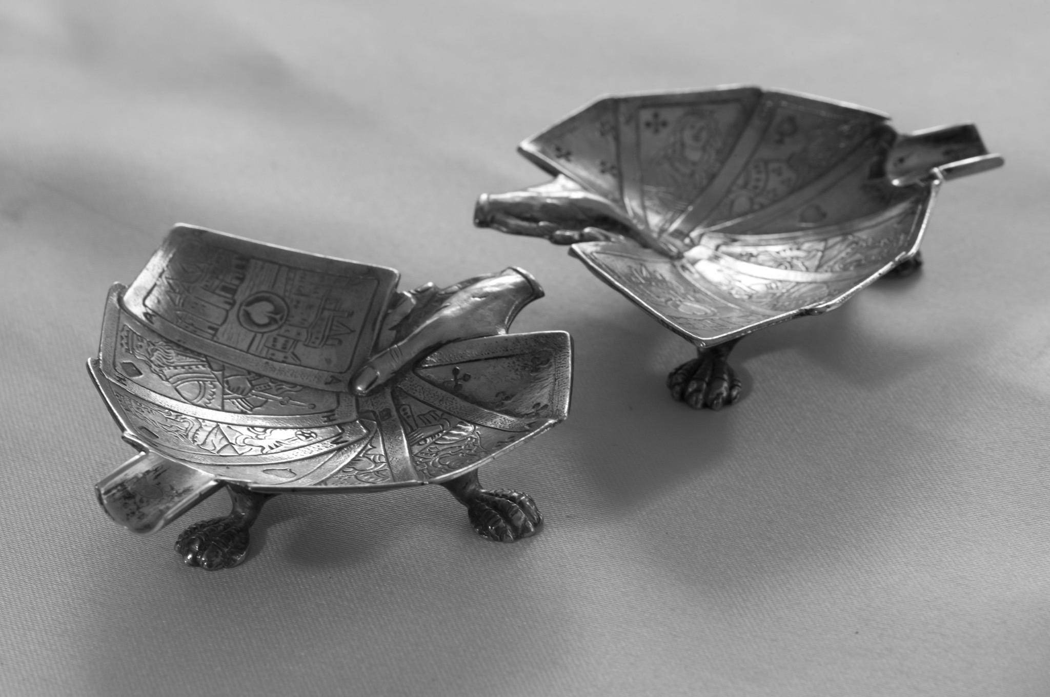 Rare Mid-Century European Sculptural Silver-Plated Playing Card Ashtrays — Pair — c.1950s