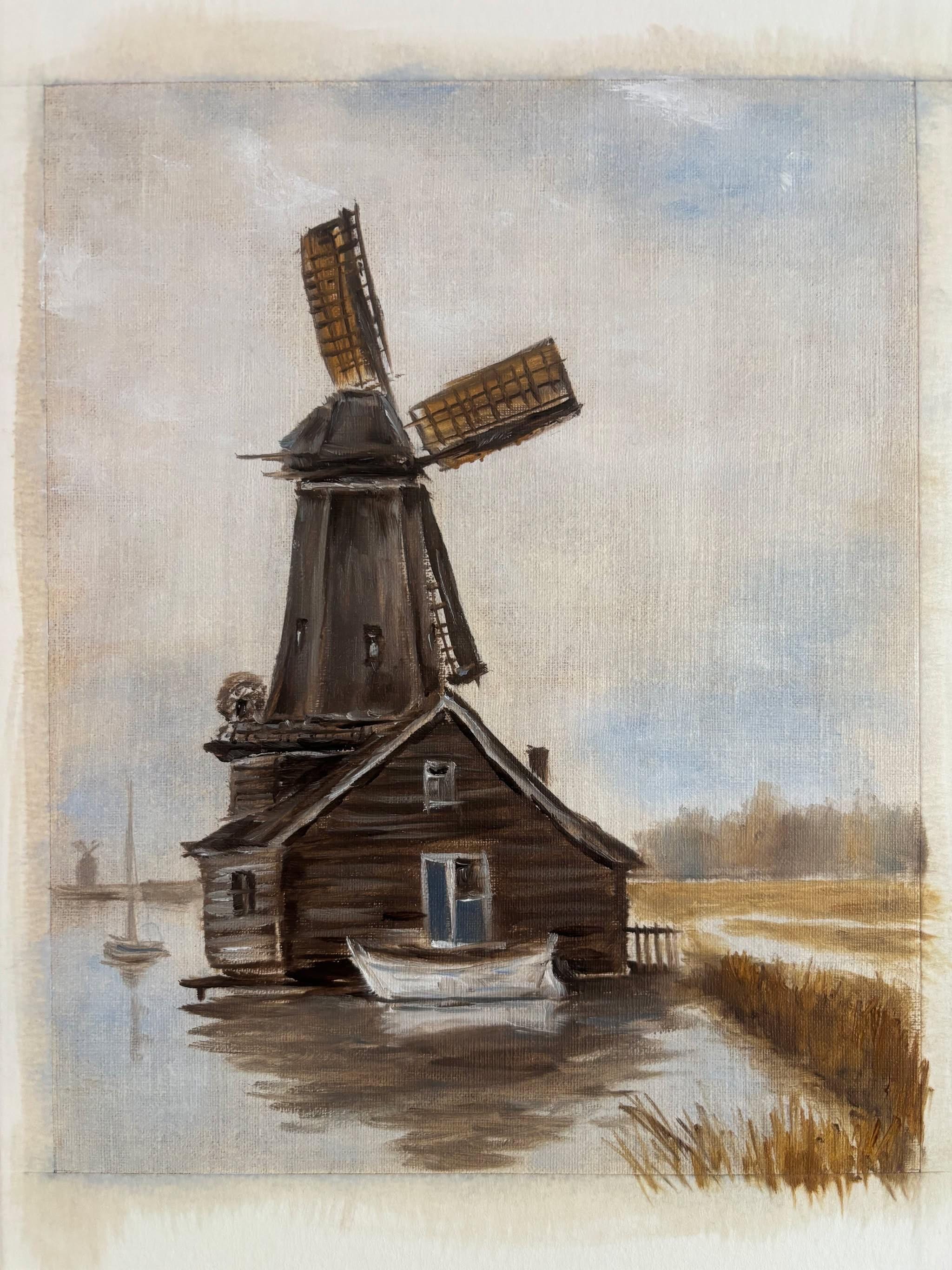 Original 8x10 Landscape Painting by Toronto Artist Vadim – Framed Cottage or Windmill Art