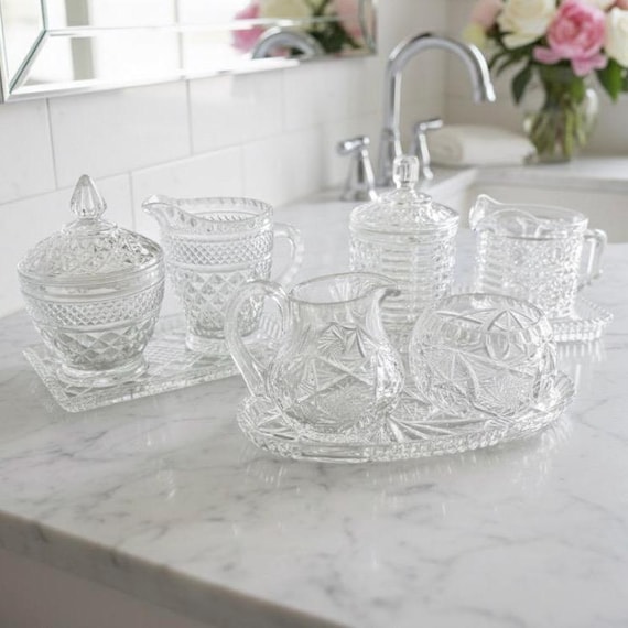 Vintage Cut Glass or Crystal Vanity Set