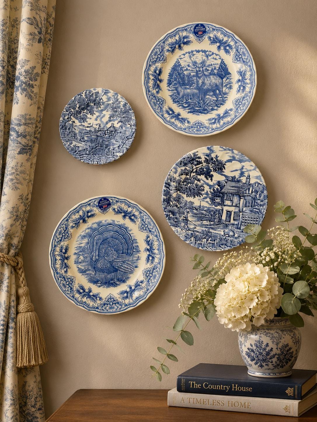 Vintage Blue & White Transferware Plate Set – English Countryside Scenes, Set of 4