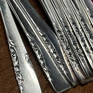 以下が含まれることがあります： 銀色のカトラリーセットのクローズアップ。銀食器は縁に花の模様が施されています。スプーンとフォークは斜めに配置され、ヴィンテージカトラリーの複雑なディテールを表現しています。
