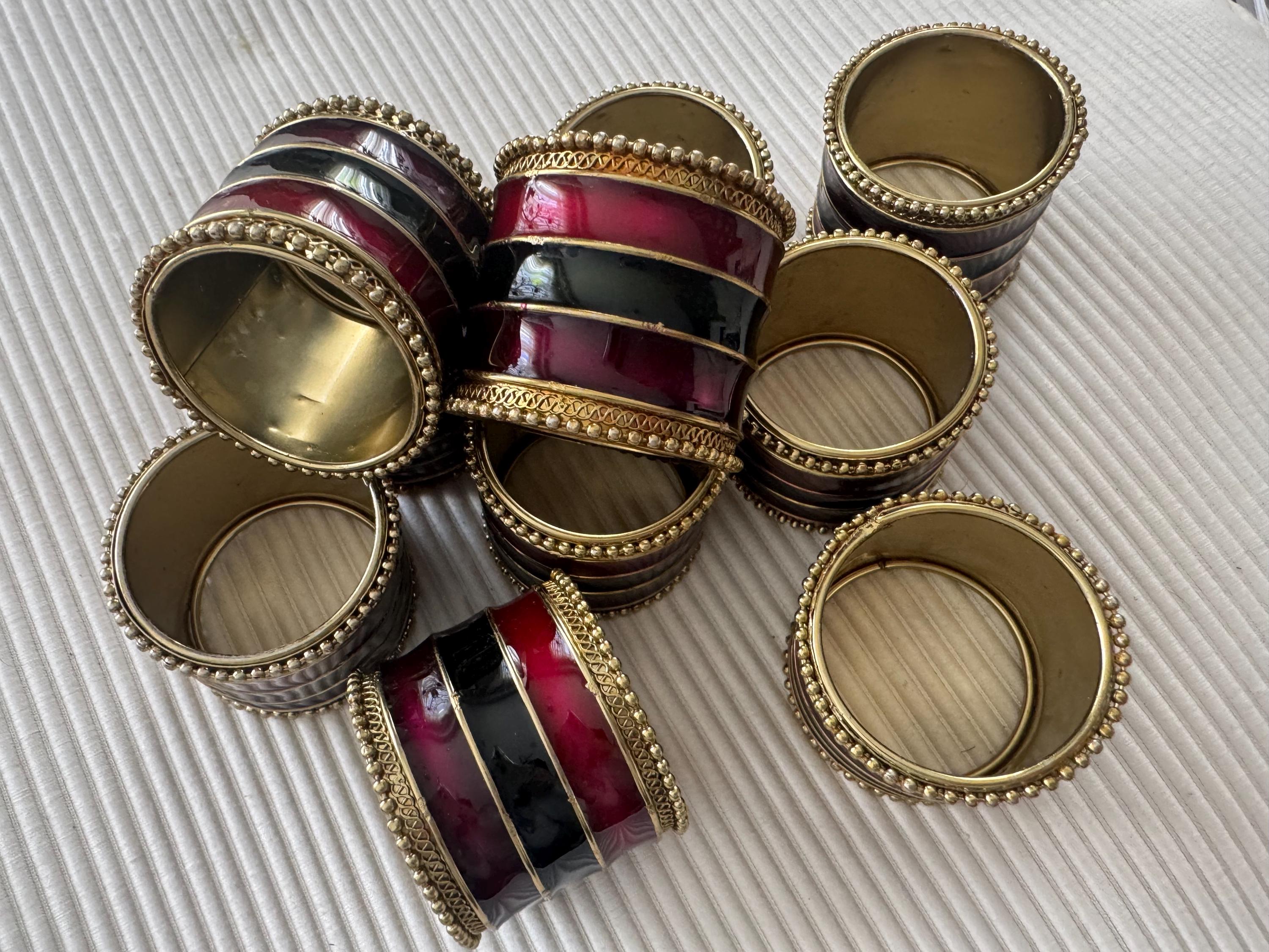 Vintage Pier 1 – Brass & Enamel Napkin Rings – Set of 10