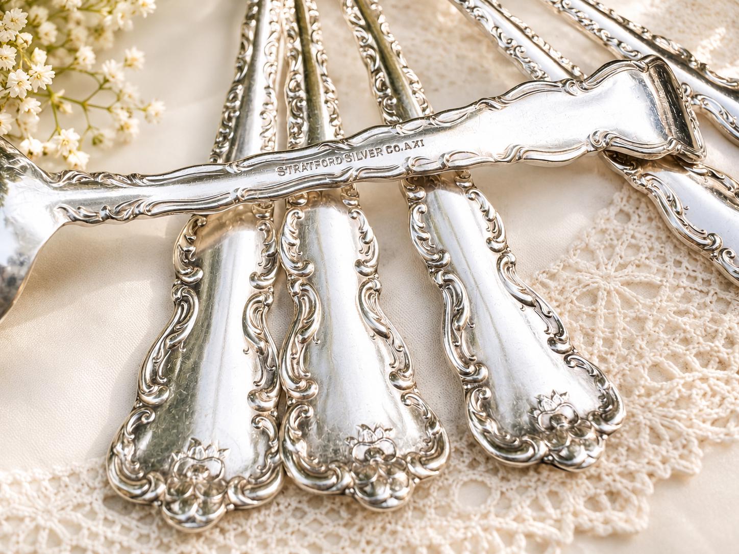 Antique Dresden 1911 Silverplate Teaspoons – Set of 11 – Stratford Silver Co. – Ornate Rococo Flatware – Tea Spoons