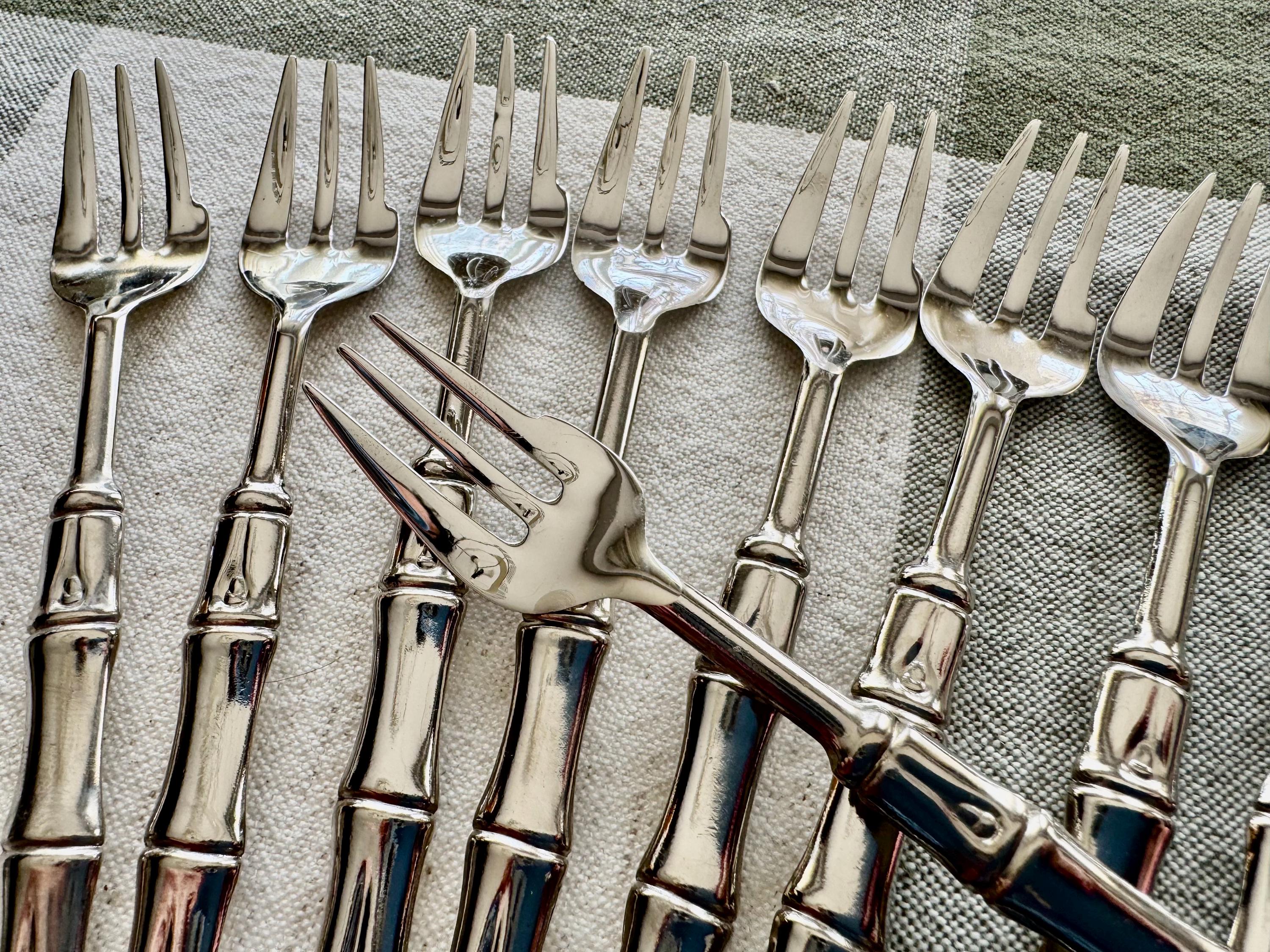 Vintage Italian Silver Plated Bamboo Flatware Set – 12 Hors d’Oeuvres Forks & Sugar Spoon