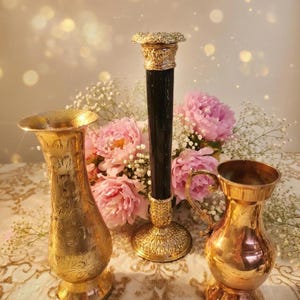 Vintage Brass Decor Collection — Marble Candlestick, Vase & Pitcher