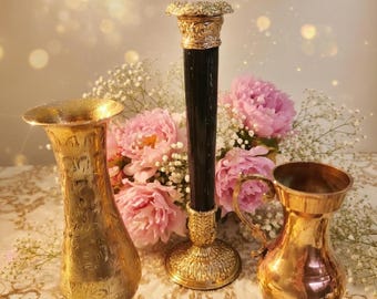 Vintage Brass Decor Collection — Marble Candlestick, Vase & Pitcher