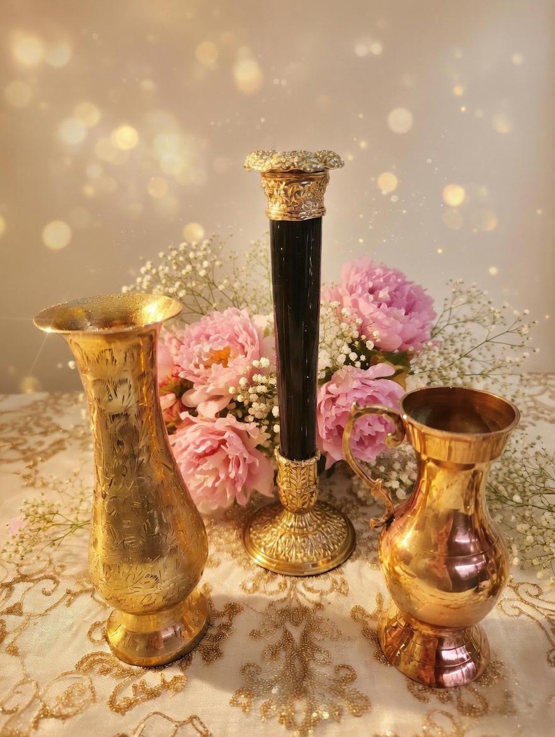 Vintage Brass Decor Collection — Marble Candlestick, Vase & Pitcher All 3 items