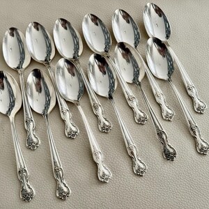 May include: A collection of twelve silver spoons. Each spoon has a rounded bowl and a decorative handle with floral detailing. The spoons are arranged in a fan-like pattern, reflecting light. A classic set for serving.