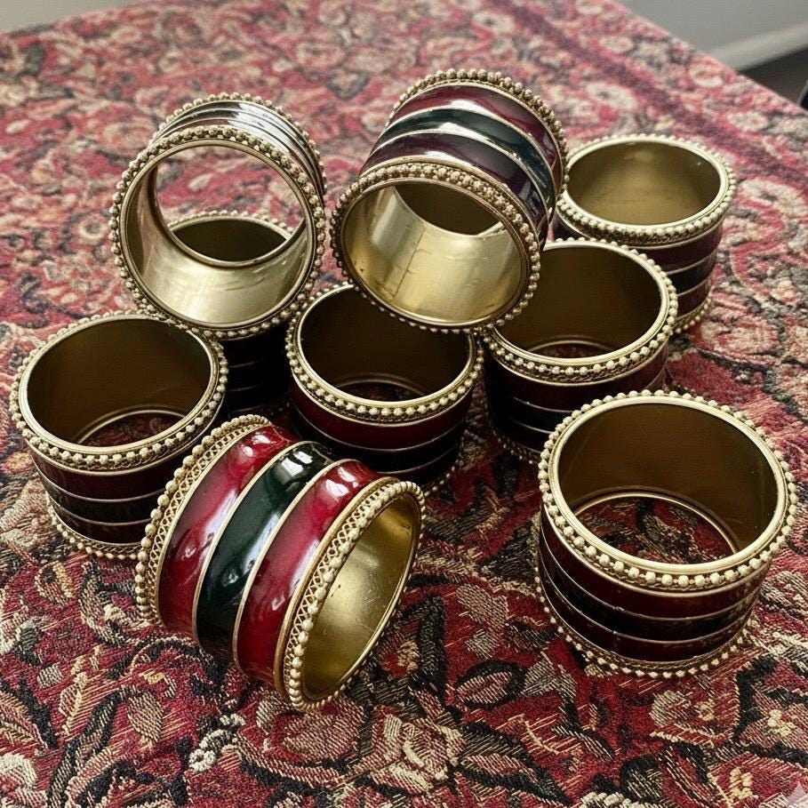 Vintage Pier 1 – Brass & Enamel Napkin Rings – Set of 10