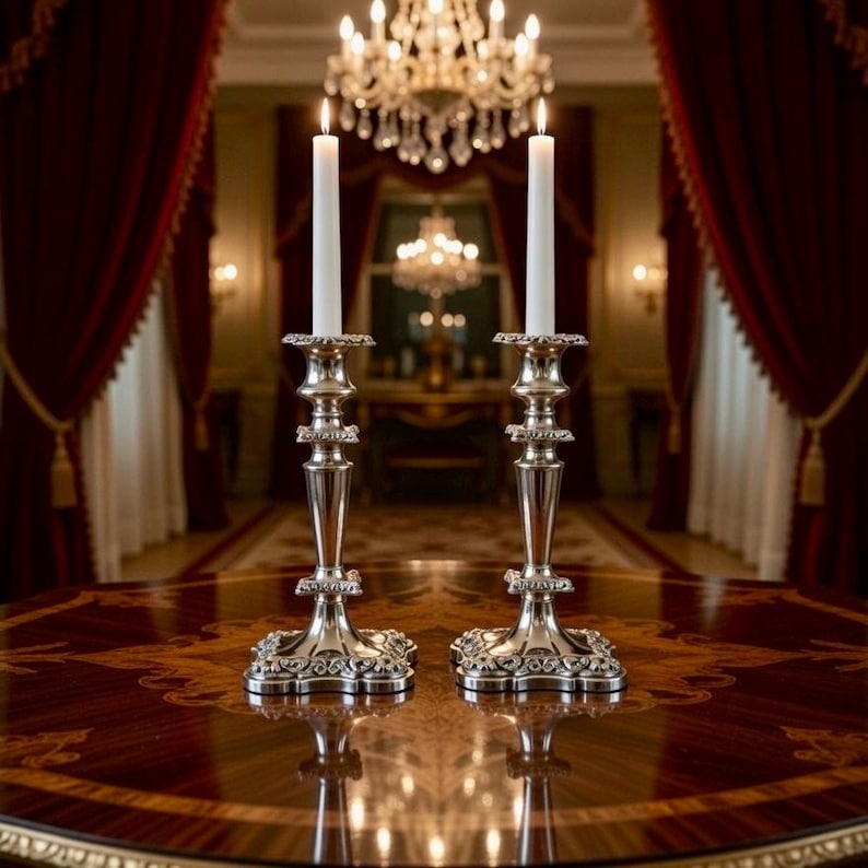 May include: Two silver-toned metal candle holders with ornate, tiered bases and stems, each supporting a tall, slender, unlit white taper candle. The candle holders are positioned side-by-side on a polished, dark wood table with intricate inlay.