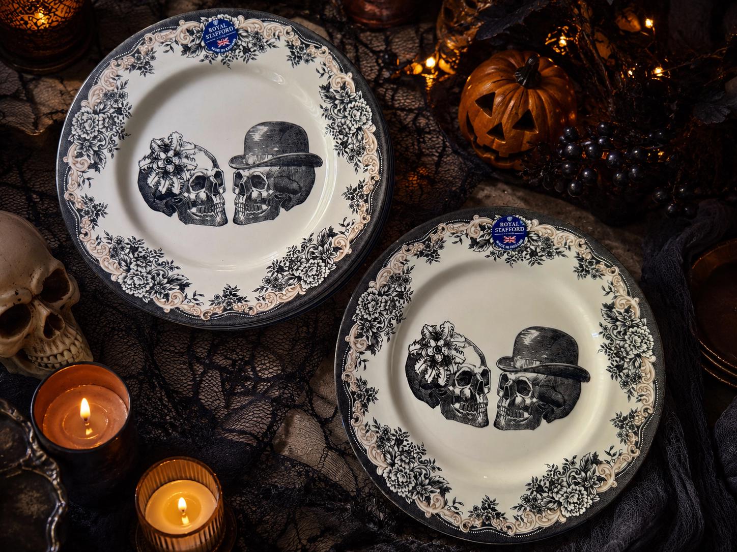 Vintage Style Transferware — Wedding Skeletons Halloween — Dinner Plate 11” — Royal Stafford England