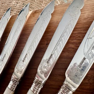 Pu&ograve; includere: Set di cinque coltelli d'argento con manici in madreperla. I coltelli presentano disegni incisi decorativi e sono esposti su un blocco di legno.