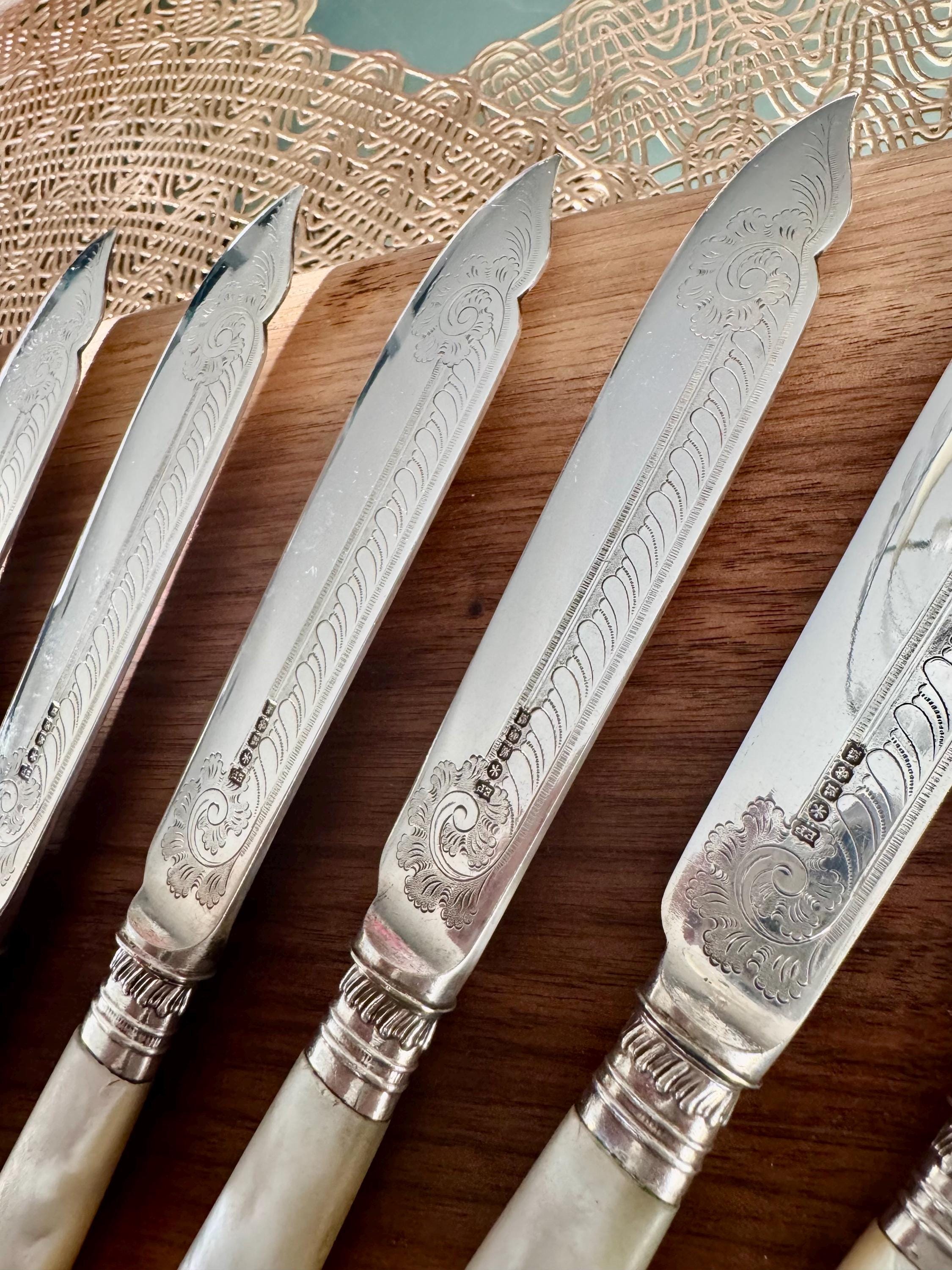 Vintage Mother of Pearl Silverplate Knives: Engraved Elegant Set of 10