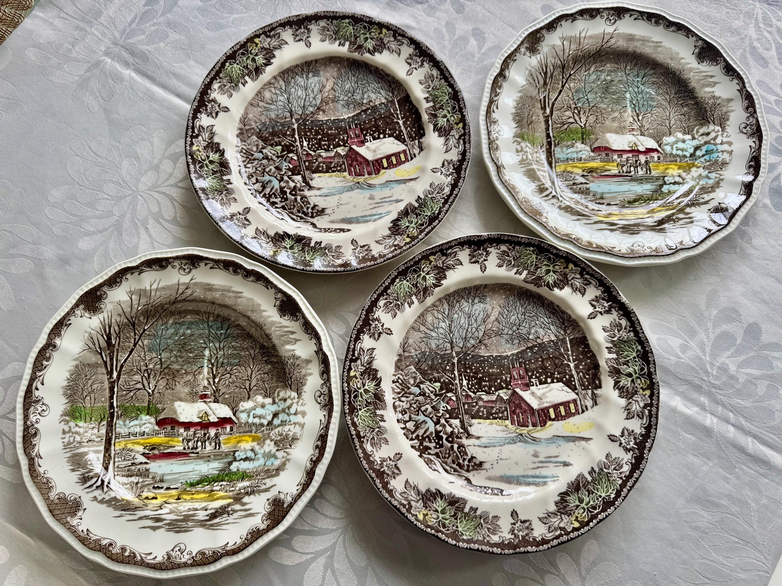 Vintage Winter-Themed Dinner Plates 10” – Johnson Bros “Friendly Village” & Kensington Ironstone “Shakespeare’s Sonnets”