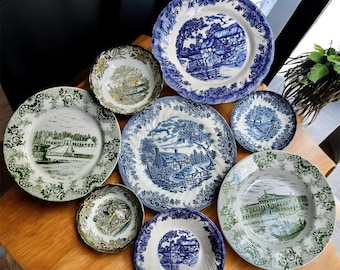 Vintage Mismatched Blue Green Dinnerware Set: English Countryside