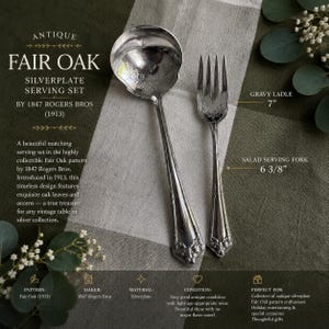Puede incluir: Un juego de servir plateado con el patrón Fair Oak de 1847 Rogers Bros, que incluye un cucharón para salsa de 17,78 cm y un tenedor para ensalada de 16,19 cm. Ambas piezas presentan un motivo en relieve de hojas de roble y bellotas en los mangos.