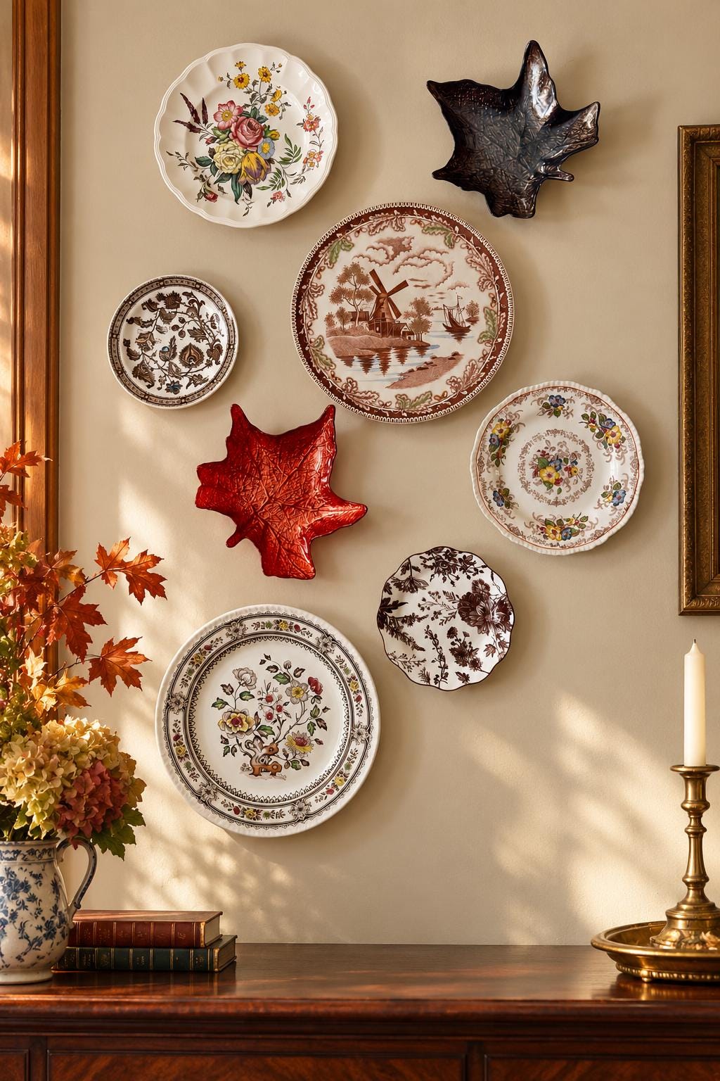 Vintage Autumn Wall Plate Gallery – 8 Piece Mixed Transferware & Leaf Dish Collection – Brown Floral, Windmill, Maple Leaf Decor
