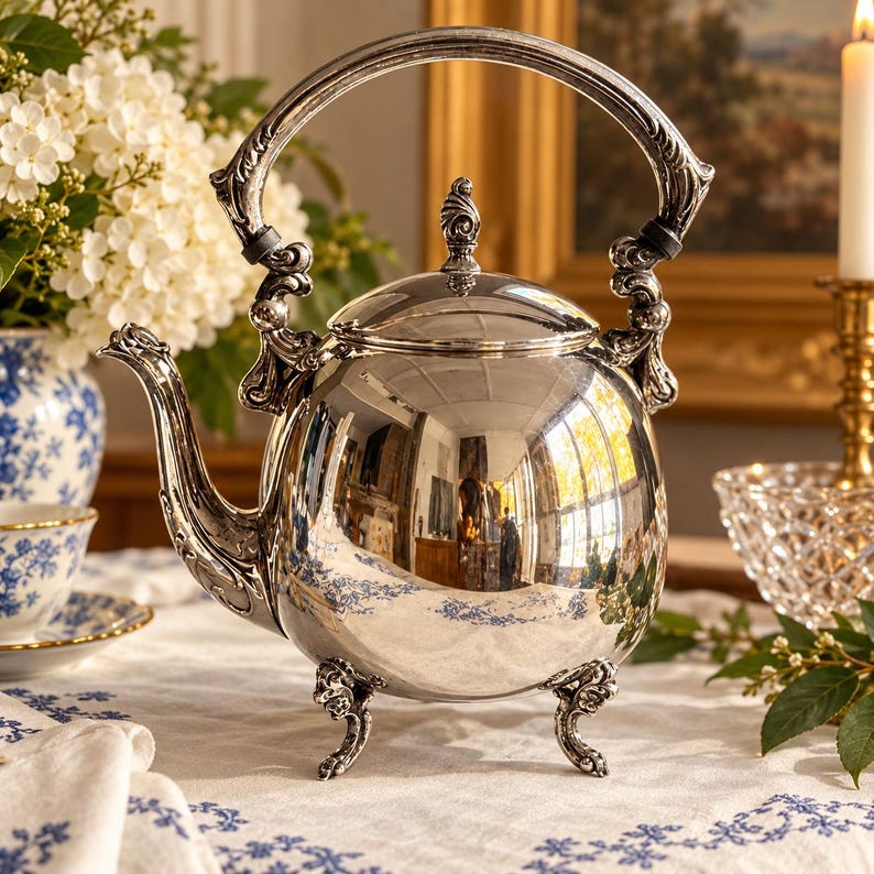 May include: A polished silver-tone metal teapot featuring a rounded body, a curved spout, and an arched handle with ornate detailing. The teapot stands on three decorative feet and includes a matching lid with a small, pointed finial on top.