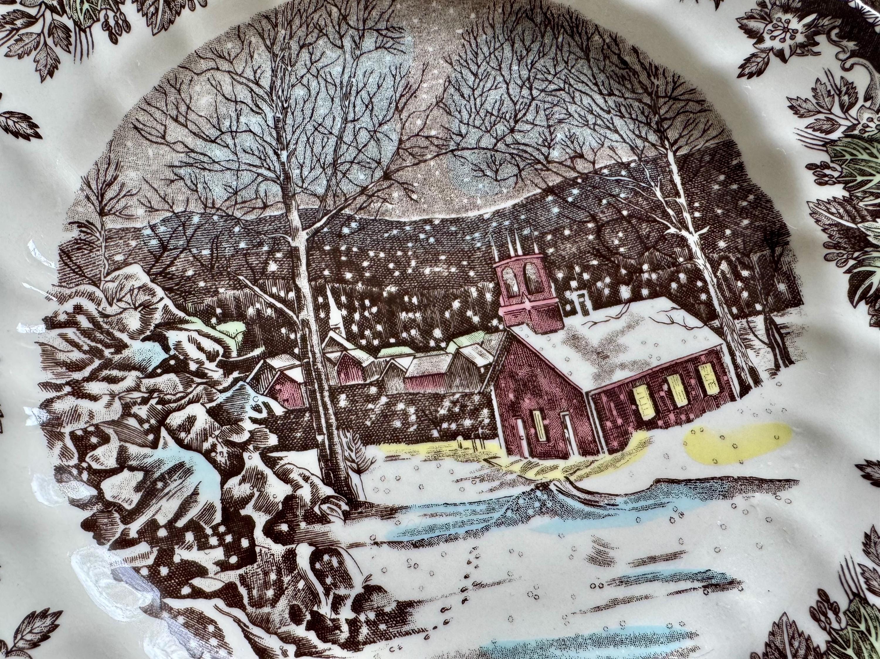 Vintage Winter-Themed Dinner Plates 10” – Johnson Bros “Friendly Village” & Kensington Ironstone “Shakespeare’s Sonnets”
