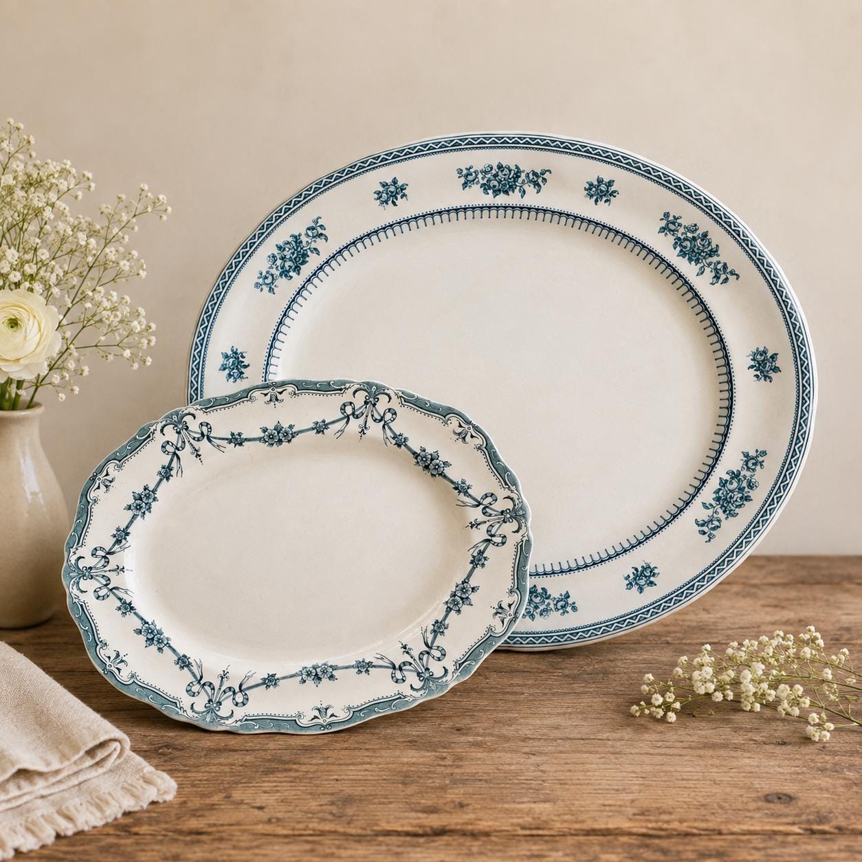 Antique English Platters — Ridgway Alexis or Losol Ware Shrewsbury — Rare Teal Transferware — England