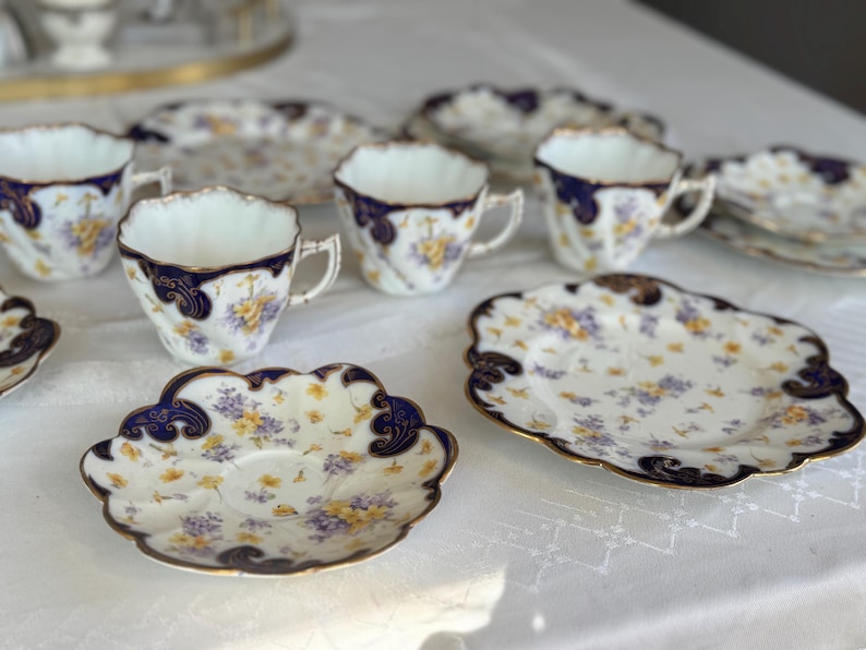 Antique Royal Style Tea Trio – Cobalt Gold & Violets Bone China Set image 16