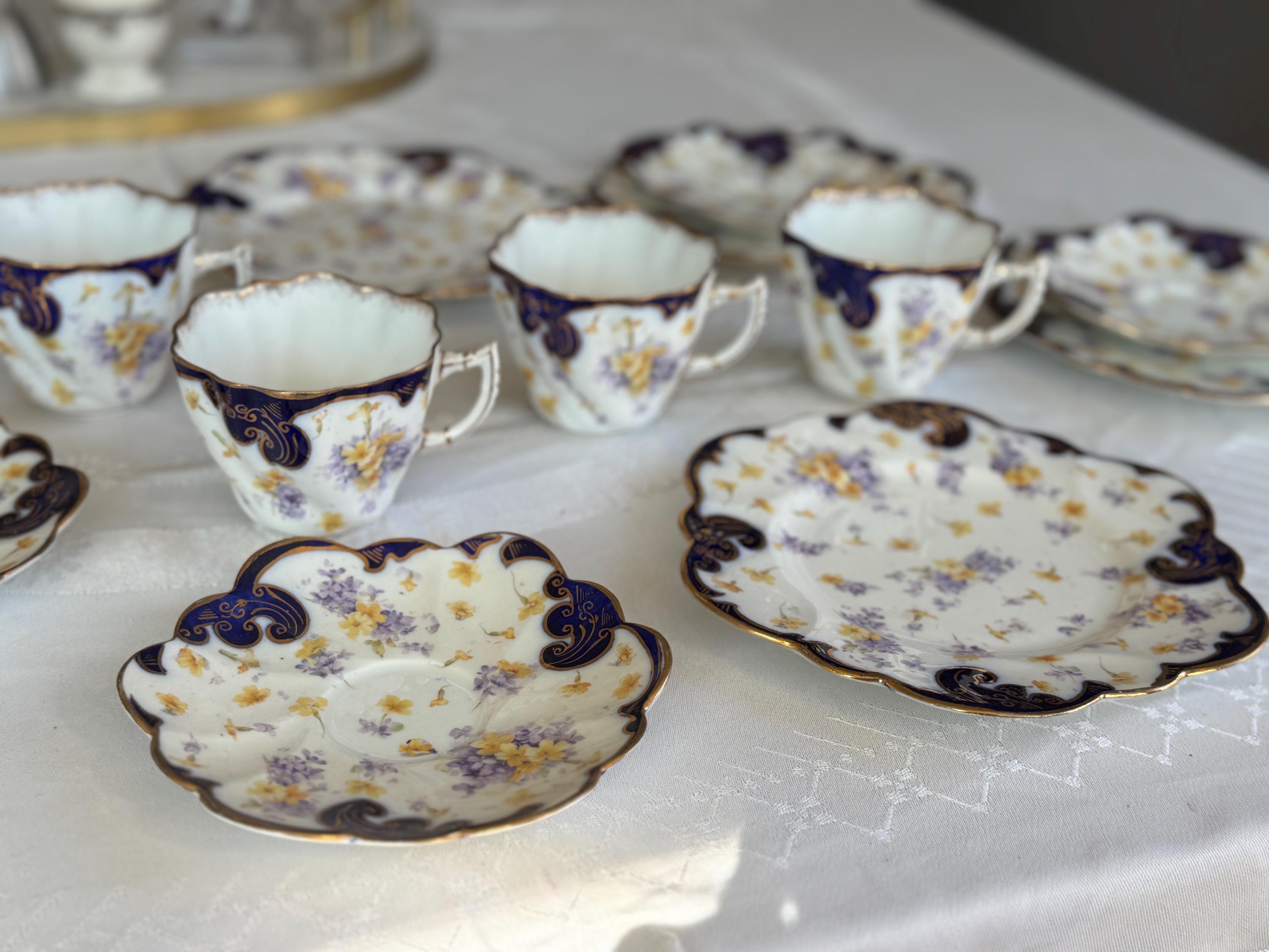 Antique Royal Style Tea Trio – Cobalt Gold & Violets Bone China Set