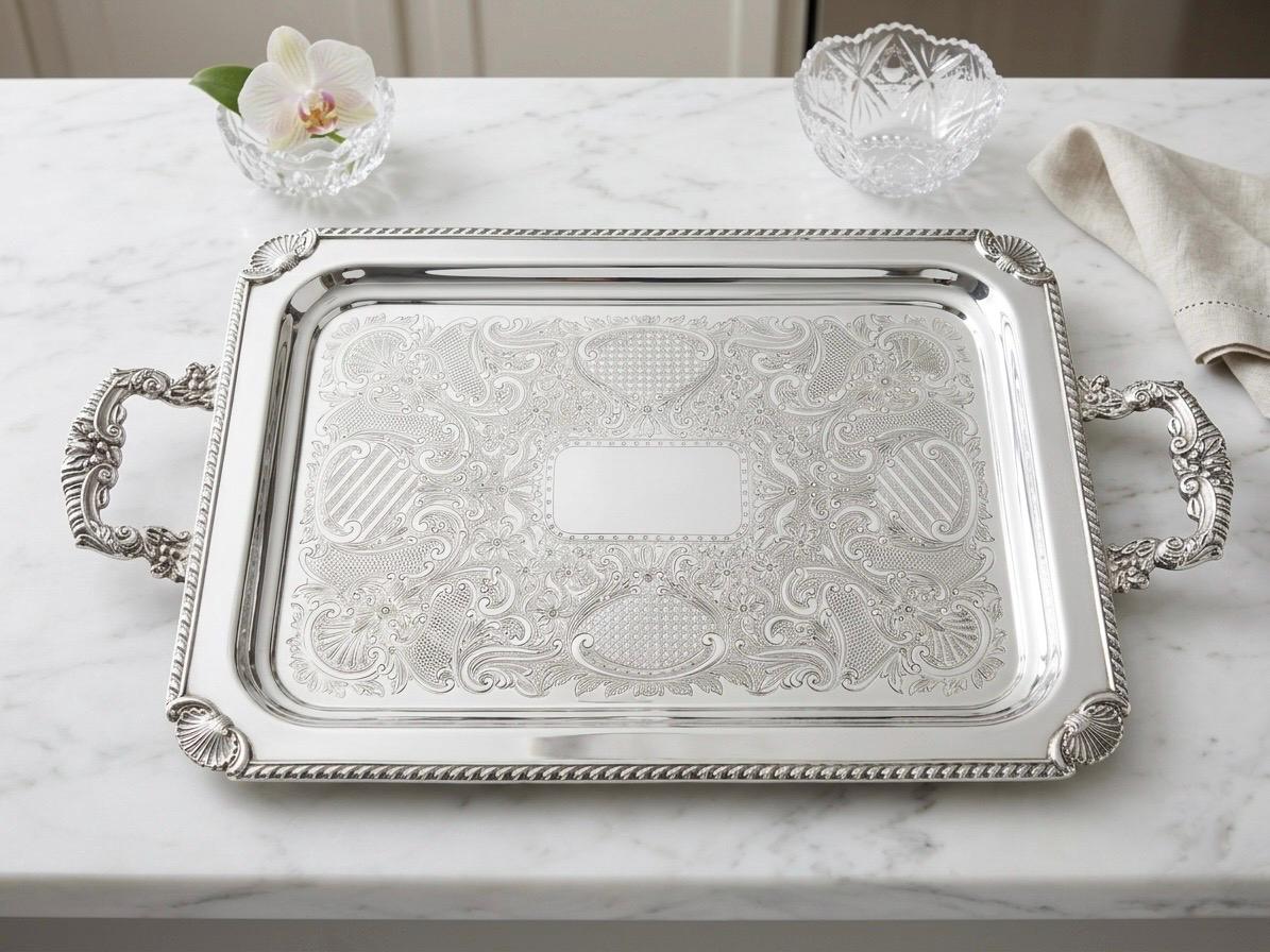 Vintage Silver Plated Serving Tray – Ornate Handled & Footed – Bar Cart Vanity Tablescape – Sold Individually