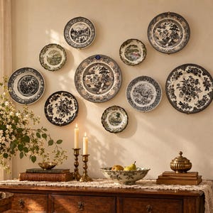 Vintage Royalty Wall Plates – Black & White Gallery Collection, Ceramic Porcelain Set H — 10 Plates
