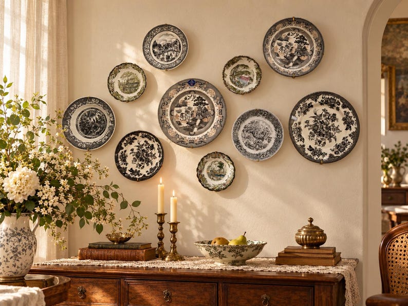 Vintage Royalty Wall Plates – Black & White Gallery Collection, Ceramic Porcelain Set H — 10 Plates