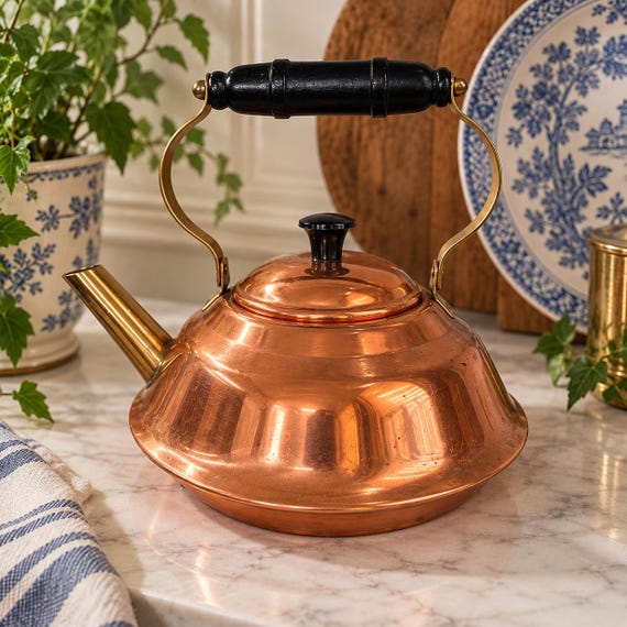 Vintage CopperCraft Guild Copper & Brass Tea Kettle | Black Wood Handle | Rustic Cottage Kitchen Decor