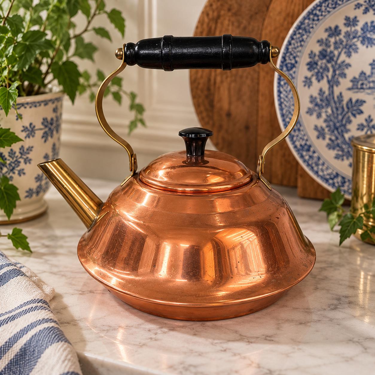 Vintage CopperCraft Guild Copper & Brass Tea Kettle | Black Wood Handle | Rustic Cottage Kitchen Decor