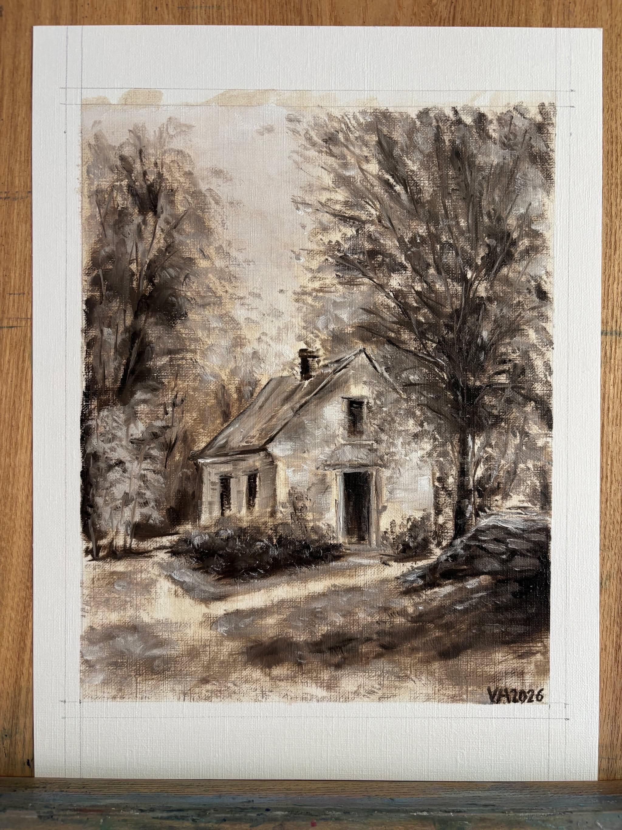 Original 8x10 Landscape Painting by Toronto Artist Vadim – Framed Cottage or Windmill Art