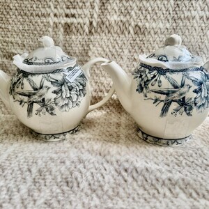 K&ouml;nnte beinhalten: Zwei wei&szlig;e Keramik-Teekannen mit blauem Blumen- und Vogelmuster. Jede Teekanne hat einen Deckel, einen Ausguss und einen Griff. Die Deckel haben einen dekorativen Rand. Die Teekannen stehen auf einer strukturierten Oberfl&auml;che.