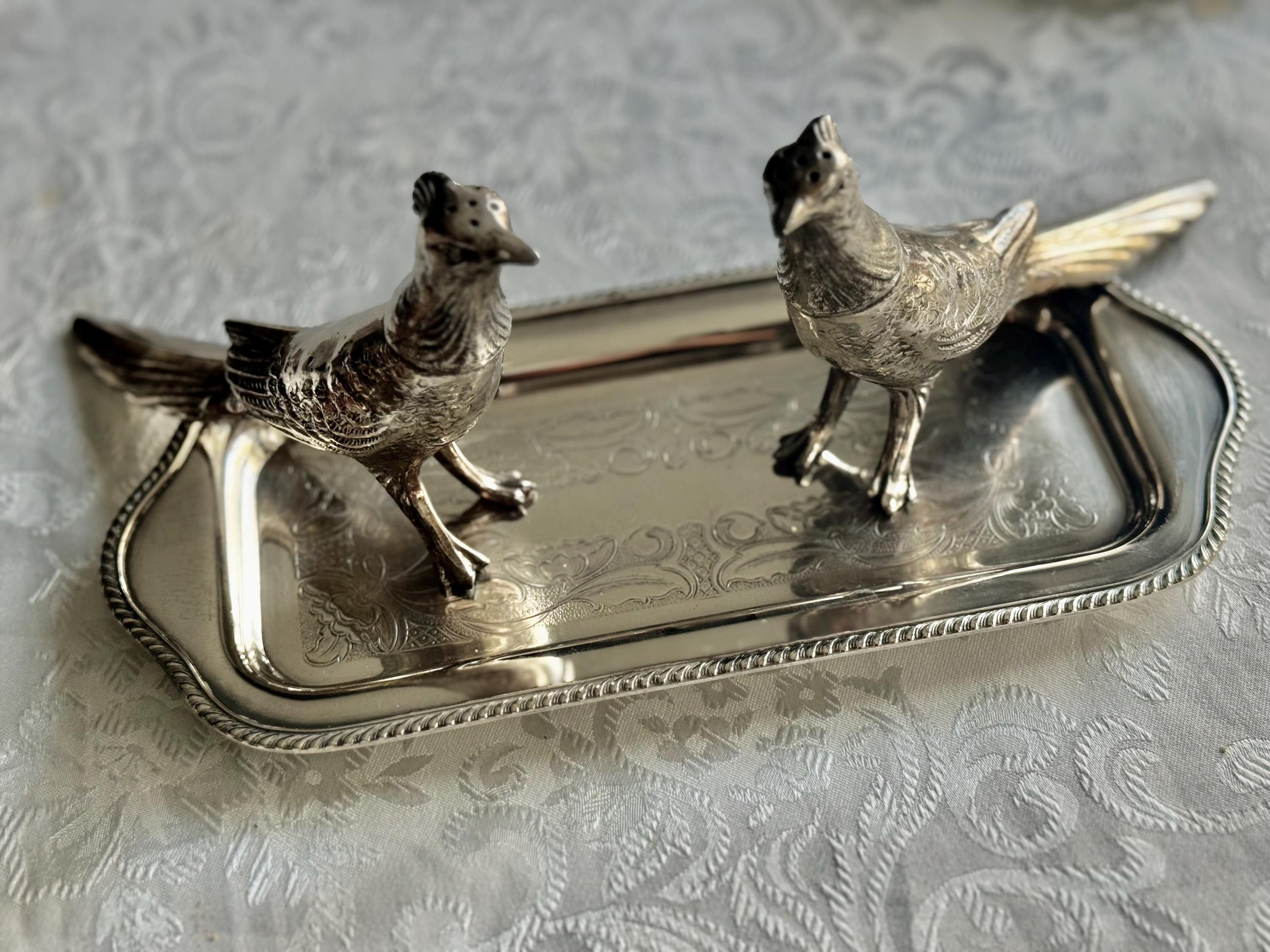 Exceptional & Rare Vintage Silverplate Pheasant Shakers — A Stunning Sculptural Pair — Silver Decor