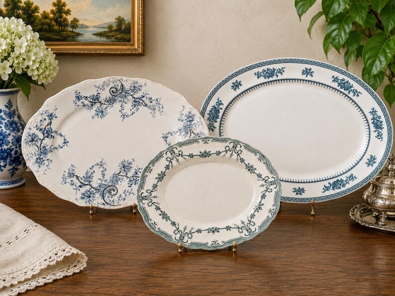 Antique English Platters — Ridgway Alexis or Losol Ware Shrewsbury — Rare Teal Transferware — England image 2