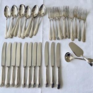 Op de afbeelding: Een verzameling zilverkleurig bestek, waaronder lepels, vorken en messen, gerangschikt op een wit oppervlak. De set bevat ook een opscheplepel en een taartschep. Het bestek heeft een decoratief handvatontwerp.