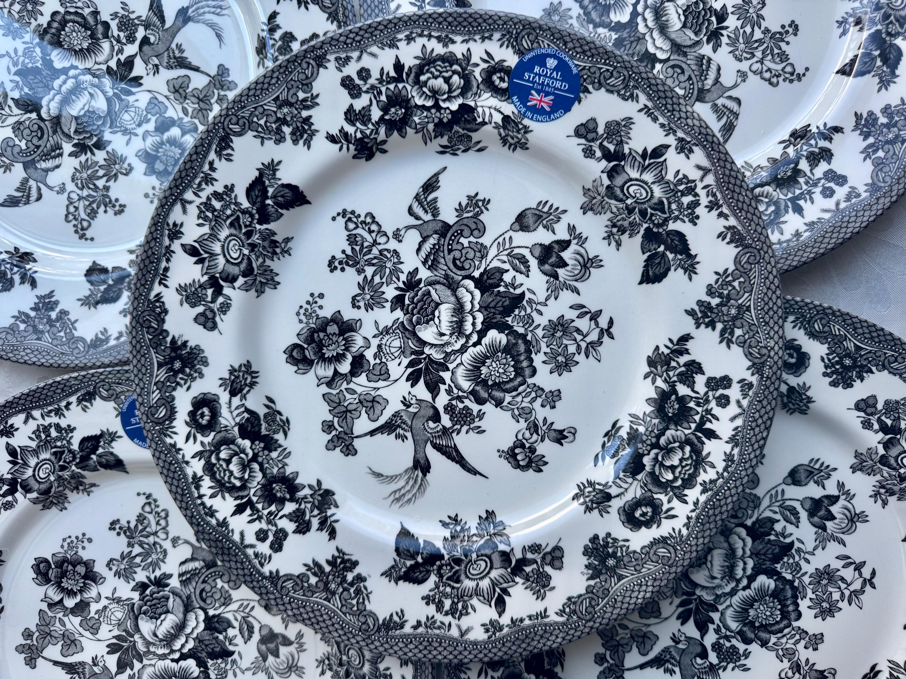 Royal Stafford Asiatic Pheasant Plates or Bowls - Black Transferware Set
