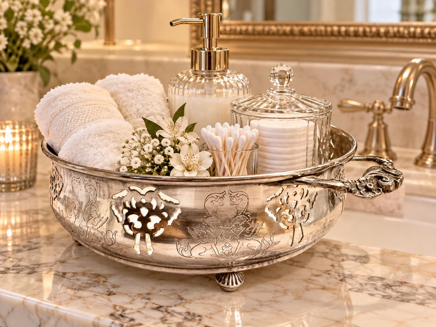Vintage Silverplate Casserole Holder | Vanity Organizer | Footed Silver Serving Stand | Bathroom Storage