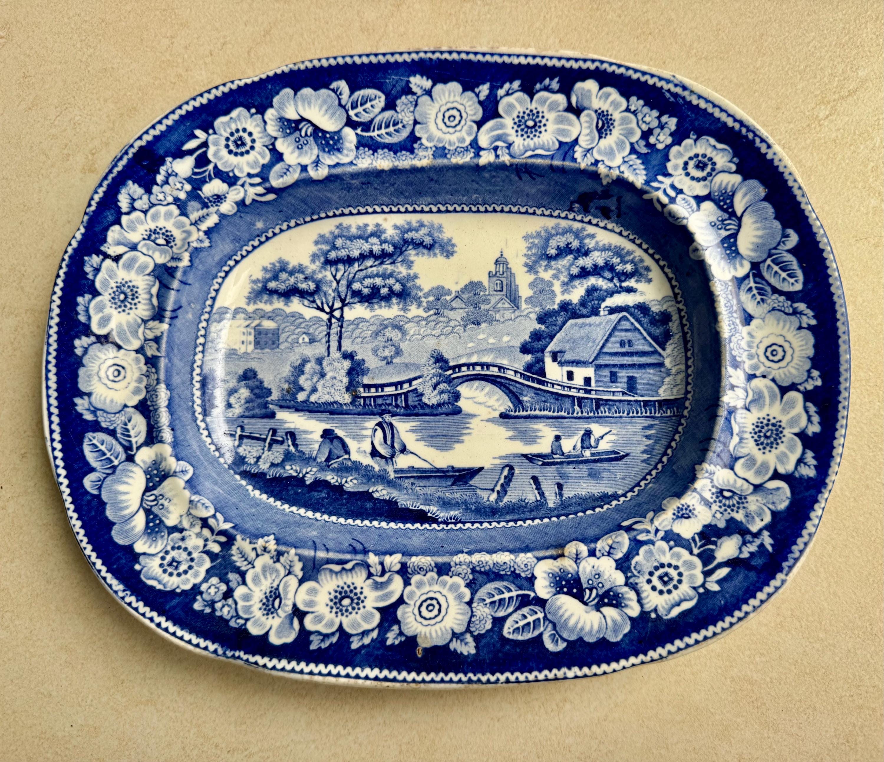 Rare Unique Antique Blue & White Transferware Wall Plate Collection – 5-Piece Assortment