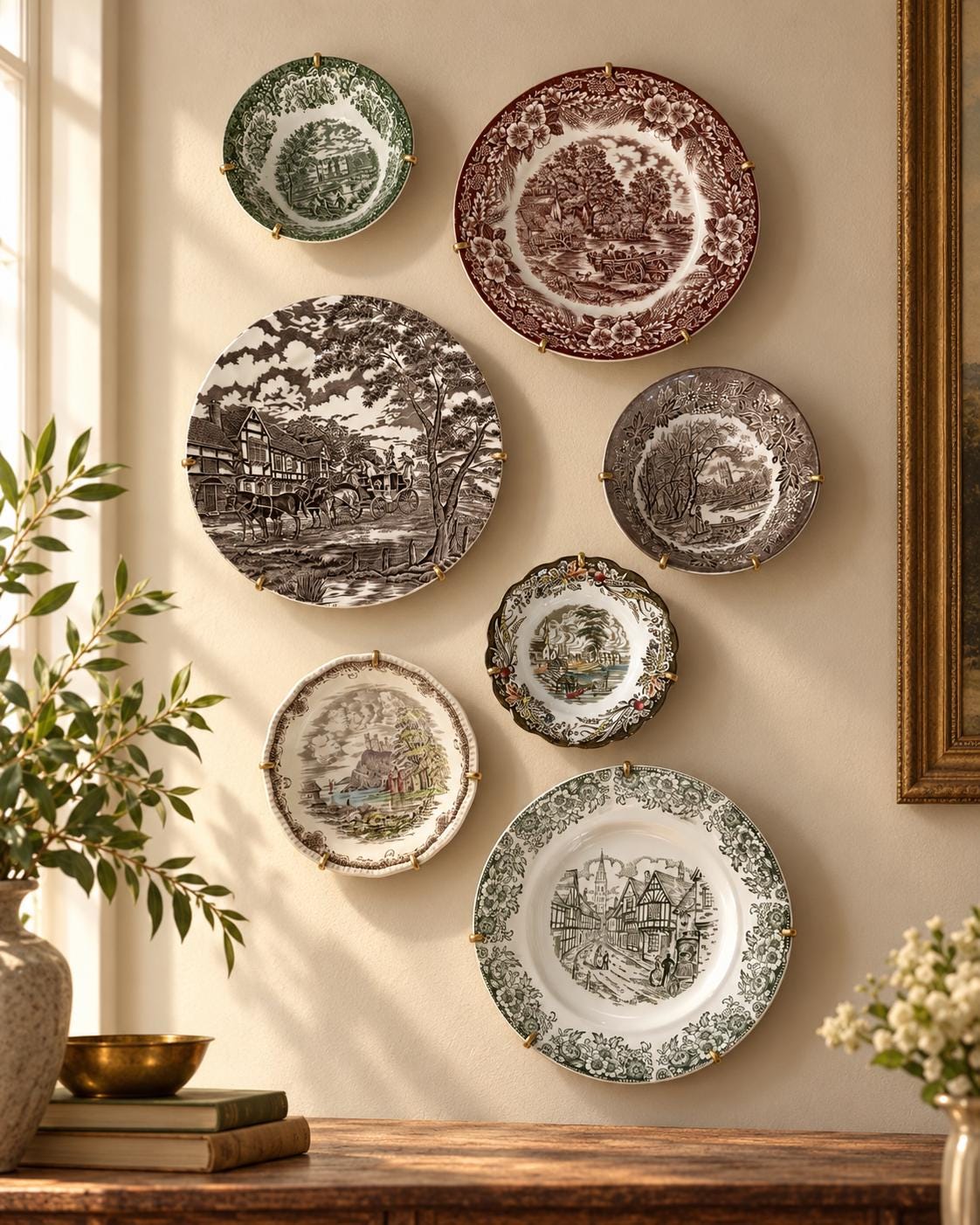 Vintage Scenic Transferware Wall Plates Set of 7, English Country Cottage Gallery Wall Decor