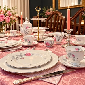 May include: A white porcelain tea set featuring a pink rose and green leaf pattern with silver trim, including plates, cups, saucers, a teapot, a sugar bowl, a creamer, and a tiered stand, arranged on a pink floral tablecloth.