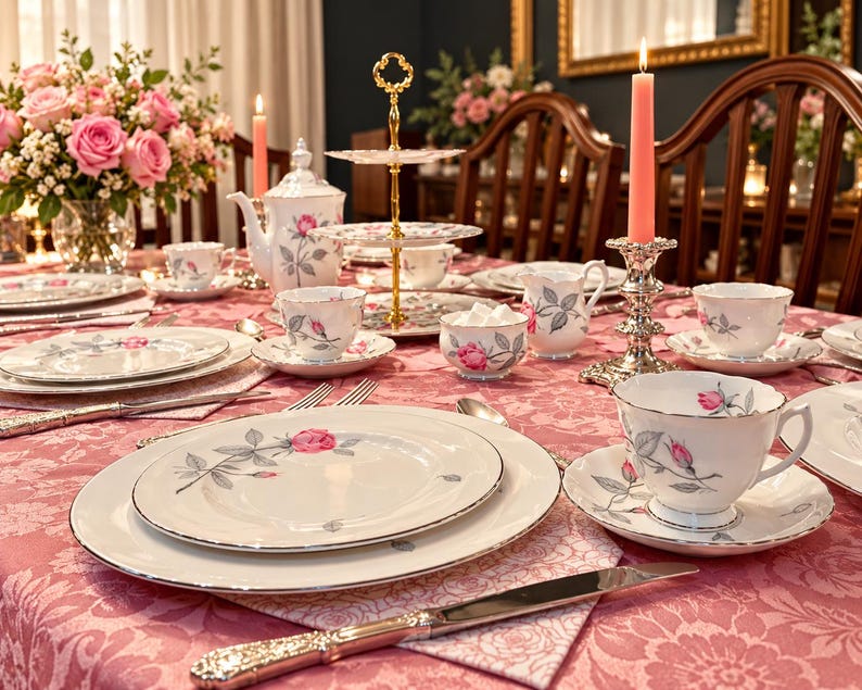 May include: A white porcelain tea set featuring a pink rose and green leaf pattern with silver trim, including plates, cups, saucers, a teapot, a sugar bowl, a creamer, and a tiered stand, arranged on a pink floral tablecloth.