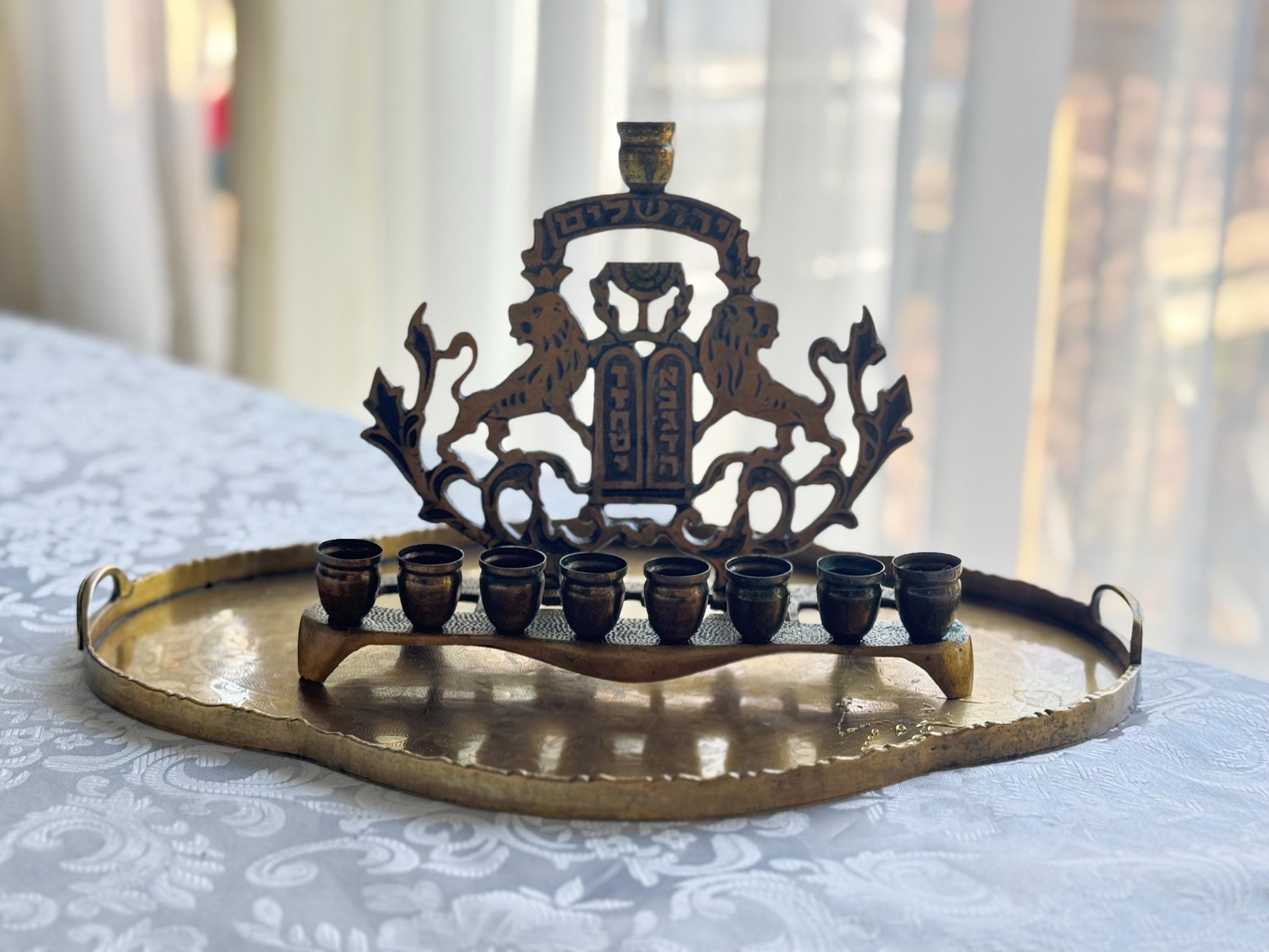 Vintage Brass Menorah — Hanukkia with Lions of Judah & Ten Commandments — On Brass Serving Tray