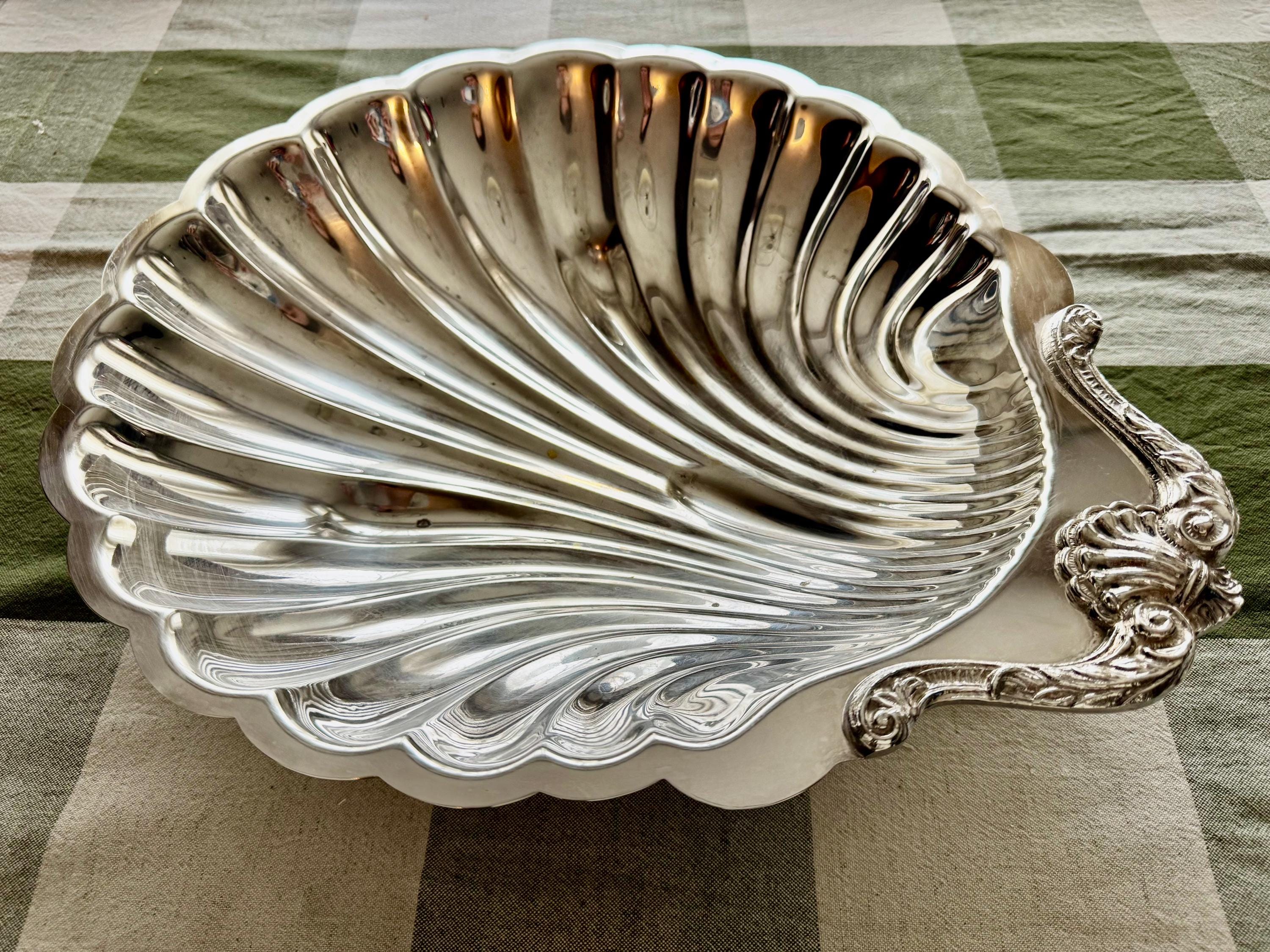 Vintage Grand 16″ Silverplate Shell Hostess Centerpiece Tray with Ornate Handle – Made in USA