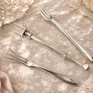 Vintage English Silverplate Cocktail Serving Forks – Mechanical Ejector Fork by Lion Works & More image 1
